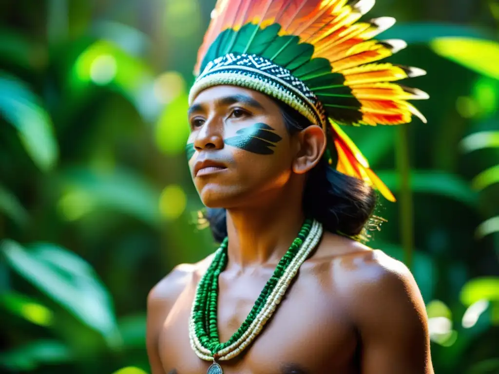 Un miembro indígena de la tribu del Amazonas realiza el ritual del silbido en la exuberante selva, envuelto en tradiciones ancestrales y misticismo