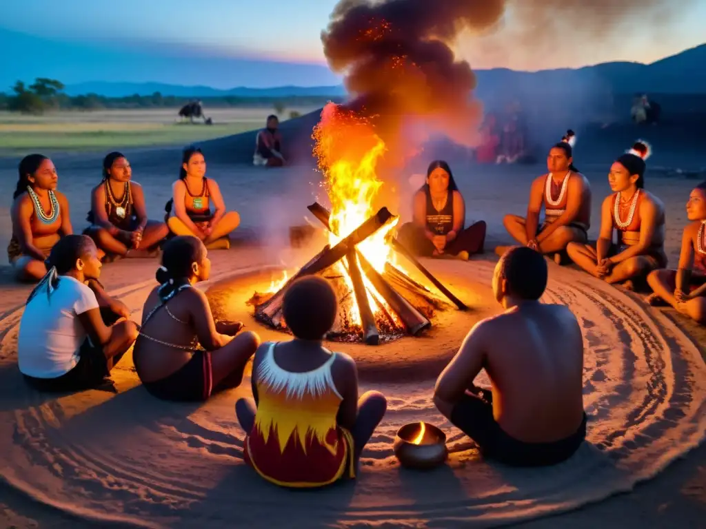 Miembros de comunidad indígena realizan ritual alrededor de fogata, reflejando importancia etnográfica de rituales indígenas