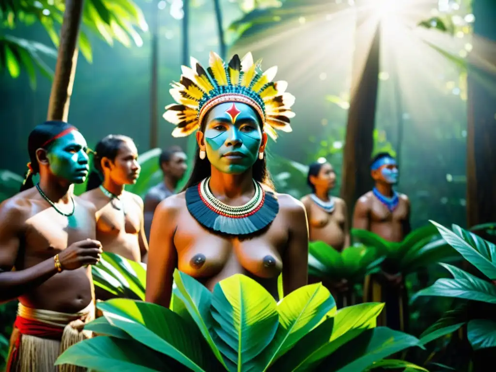 Miembros de comunidad indígena participando en ritual tradicional en bosque exuberante