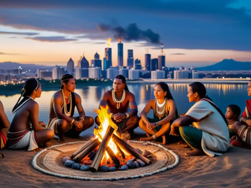 Miembros de una tribu indígena realizando un ritual sagrado alrededor de una fogata, con la ciudad moderna de fondo, representando la lucha entre rituales étnicos y supervivencia cultural