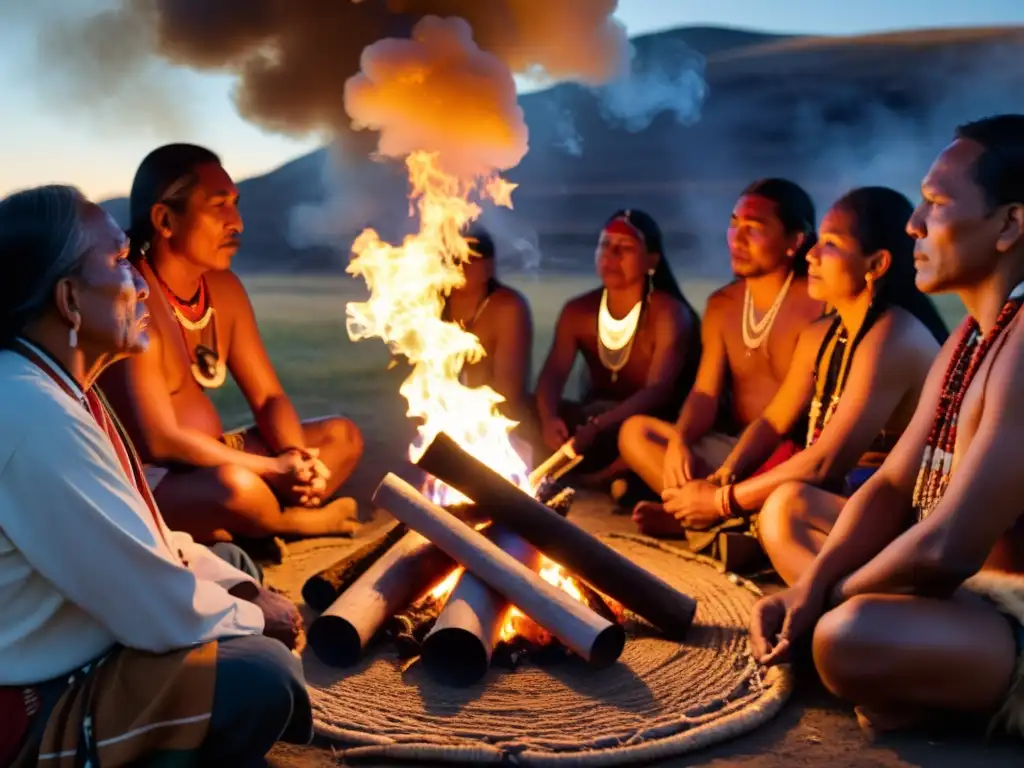 Miembros de la tribu Lakota participan en un ritual de la pipa de la paz alrededor de una fogata, mientras el anciano comparte sabiduría ancestral