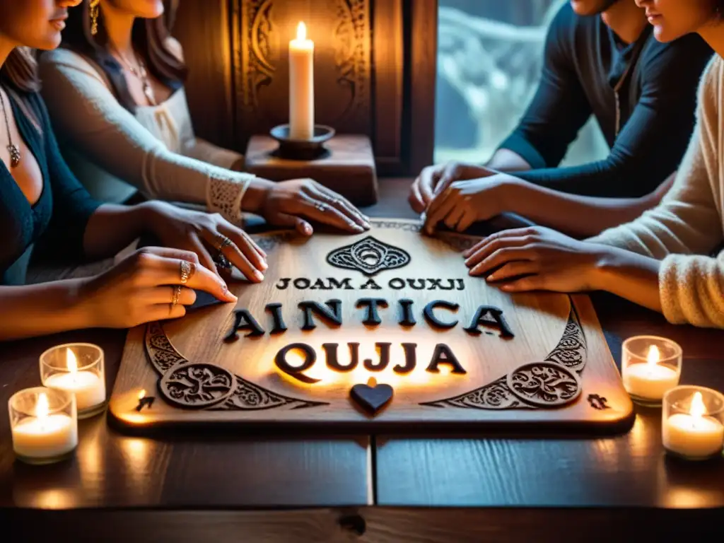 Un misterioso ritual de adivinación en Samhain se lleva a cabo alrededor de una tabla Ouija con velas, en un ambiente de expectación y misticismo