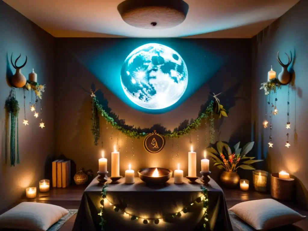 Decoración mística para ritual de Luna Nueva en un cuarto iluminado por velas y energía celestial