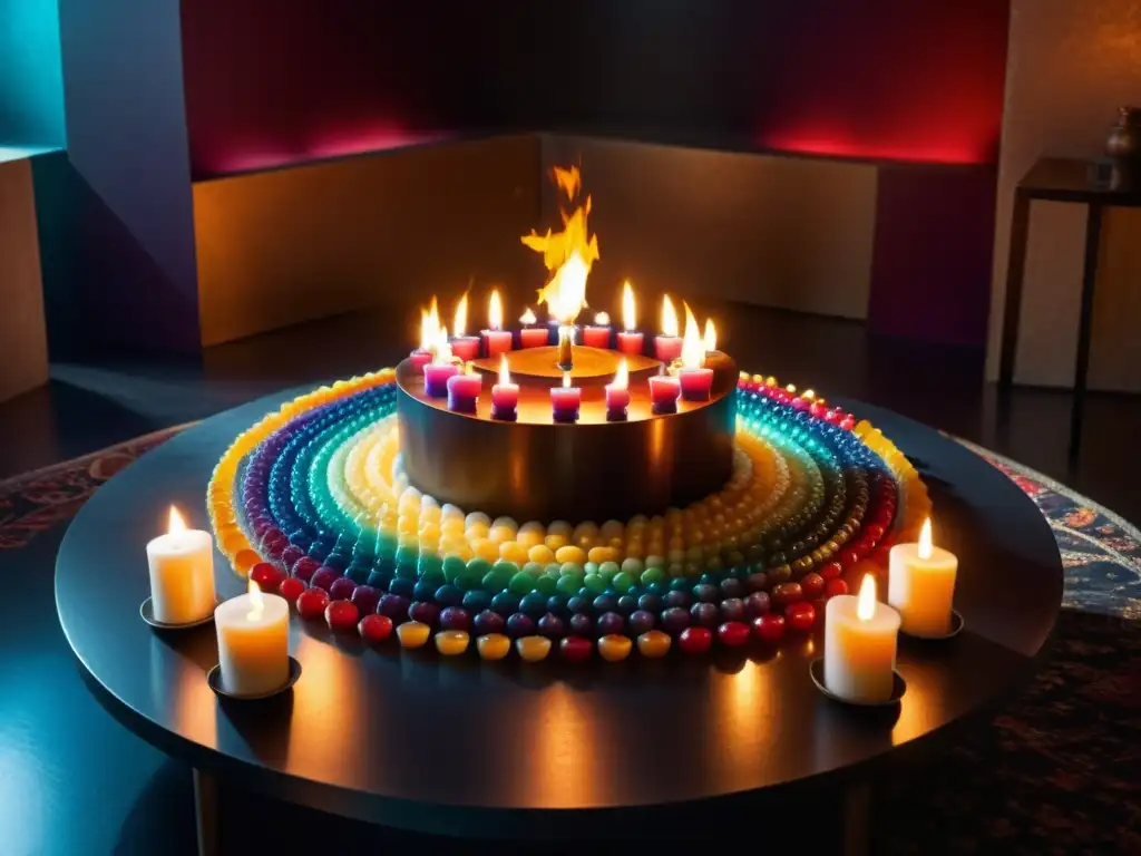 Un místico círculo de velas de colores ardiendo, evocando la magia y el significado de los rituales