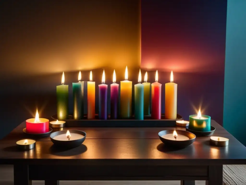 Un místico cuarto oscuro con mesa central y velas de colores representando significados en magia ritual