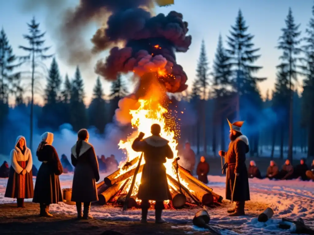 Un místico ritual de purificación eslavos en el bosque oscuro, con símbolos y una mujer preparando hierbas