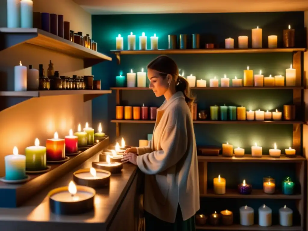 Un místico y tranquilo espacio con estantes llenos de velas coloridas y otros productos místicos