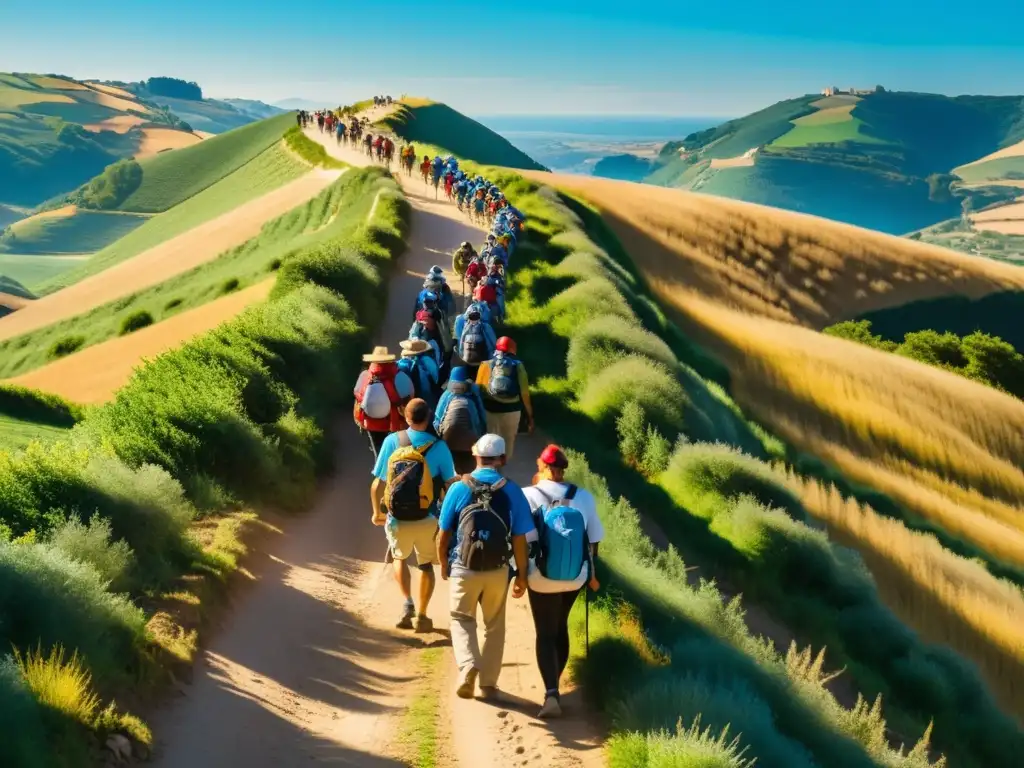 Peregrinación moderna en el Camino de Santiago: paisaje pintoresco, peregrinos con conchas en mochilas, determinación y espiritualidad