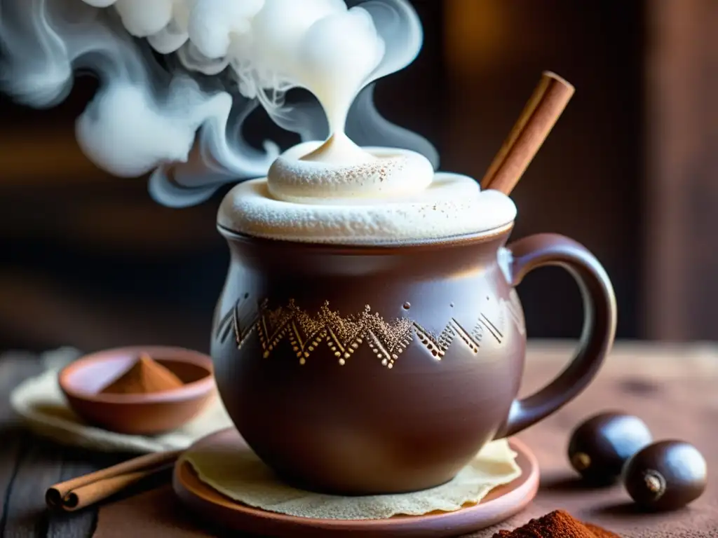 Un molinillo tradicional mexicano remueve espuma de chocolate caliente en una taza de barro, creando un ritual de indulgencia con chocolate