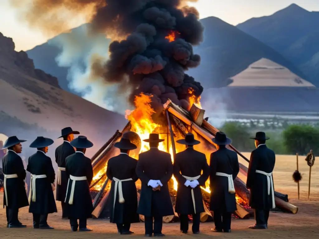 Momento emotivo en un ritual funerario alrededor del mundo, con vestimenta tradicional y montañas al atardecer