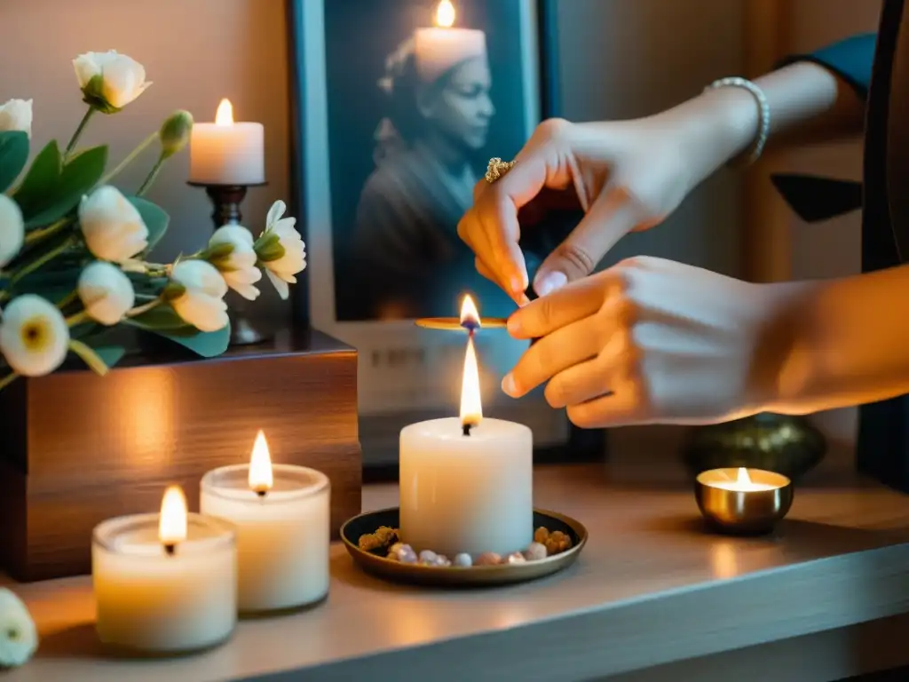 Un momento íntimo de encender una vela en un altar con símbolos religiosos y fotografías