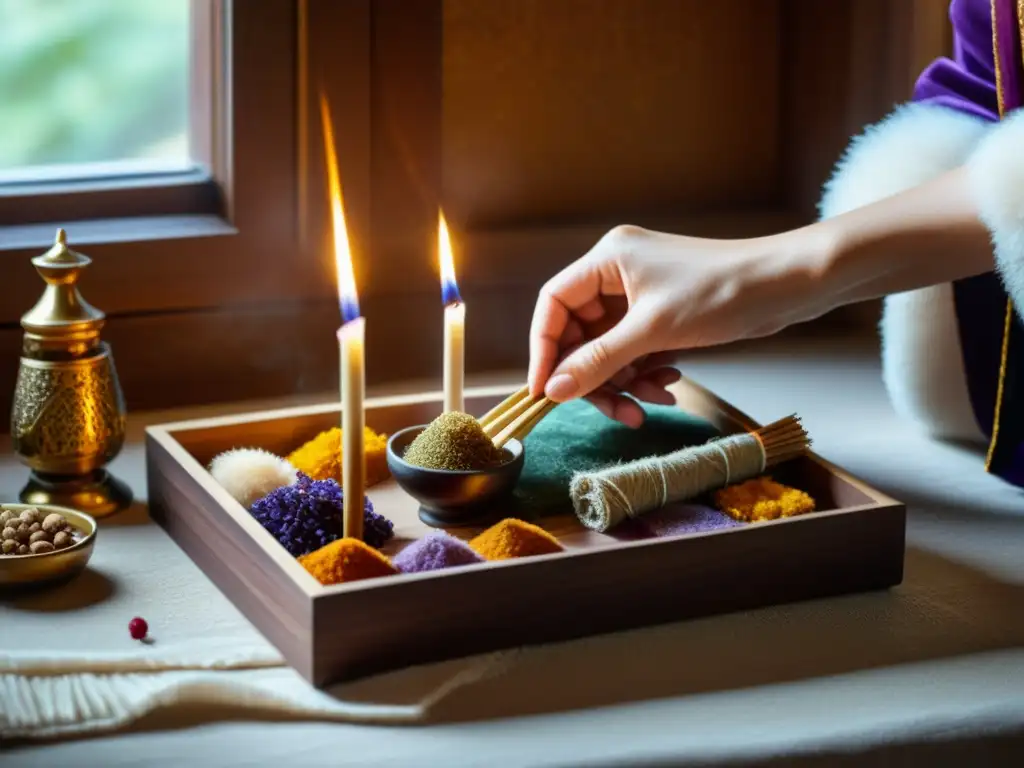 Un momento de reverencia y conexión espiritual al arreglar ofrendas con incienso y mirra en un altar iluminado por luz natural