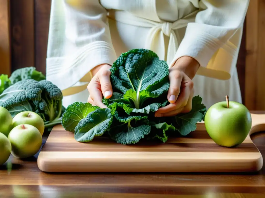 Un momento sereno en la cocina, manos arreglan kale, aguacate y manzanas en tabla de madera