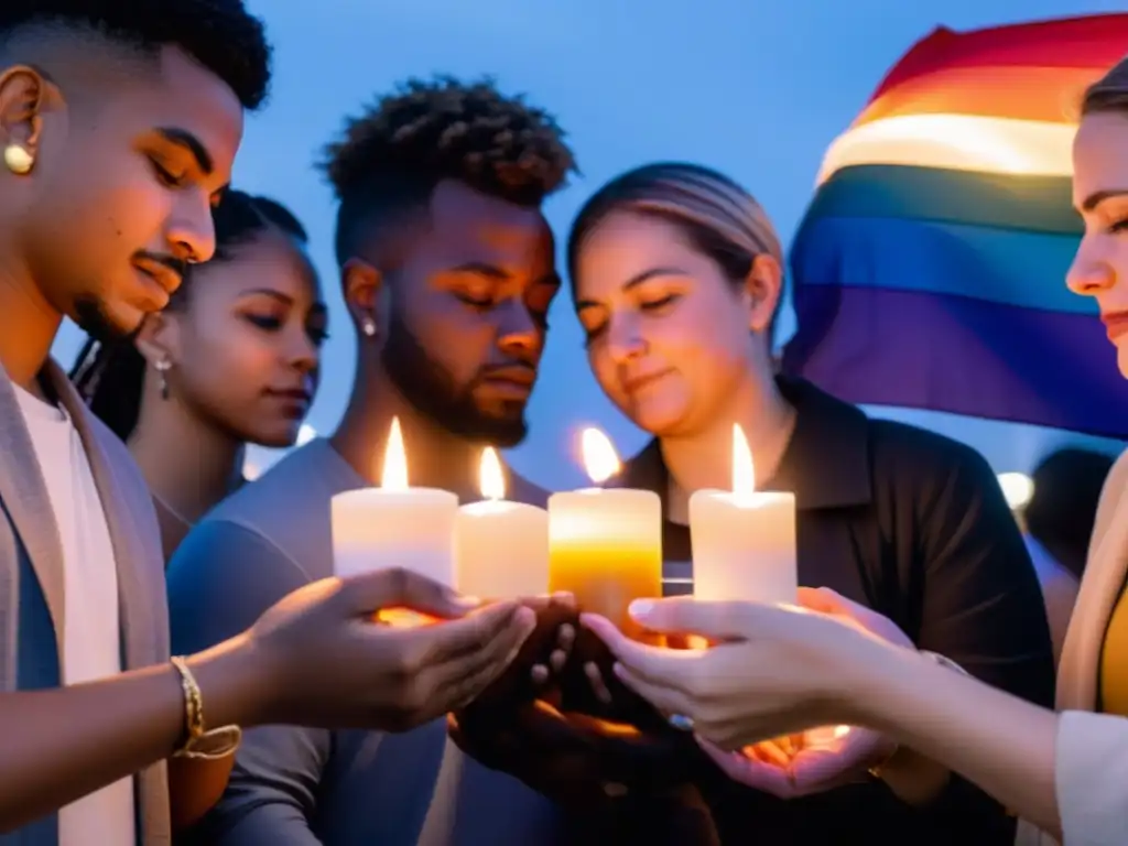 Un momento de silencio en un ritual de afirmación LGBTQ+ con personas sosteniendo velas, simbolizando unidad y apoyo