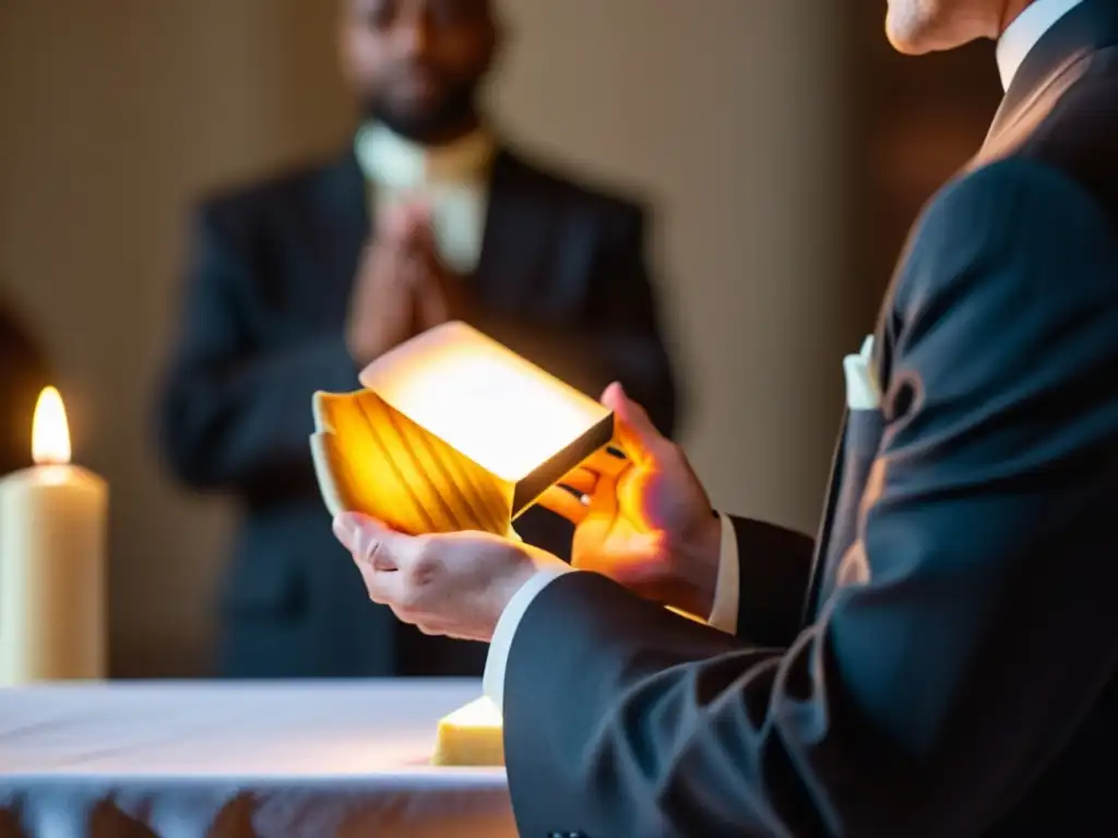 Un momento solemne de la Eucaristía cristiana, con el simbolismo del pan en rituales y la devoción de los fieles arrodillados en el altar