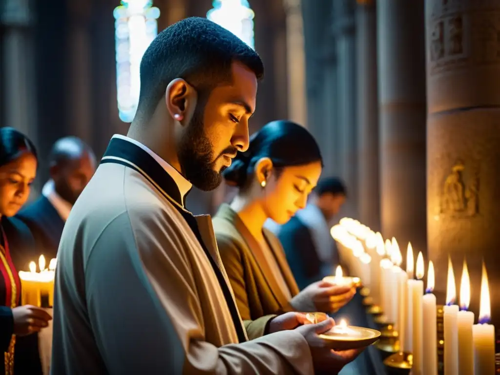 Un momento solemne de intercesión y veneración en cristianismo, con fieles encendiendo velas y orando ante iconos religiosos en una catedral