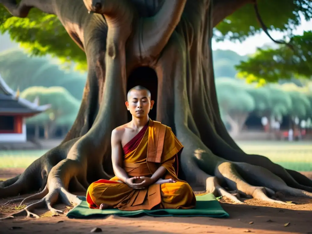 Un monje budista medita bajo un árbol Bodhi al atardecer, reflejando la práctica de los Cinco Preceptos Budistas