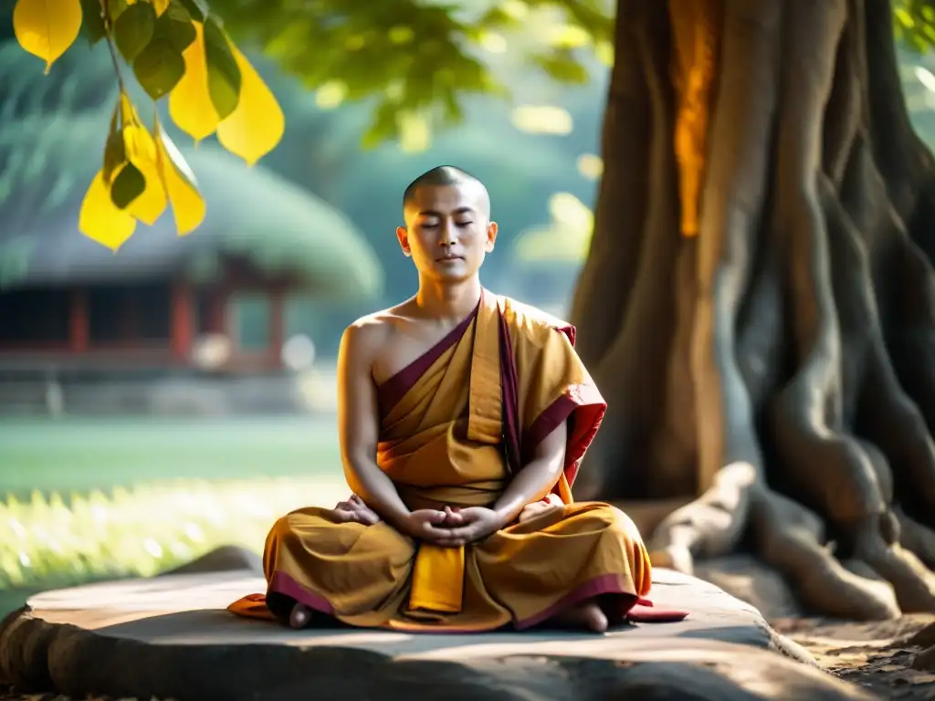 Un monje budista medita bajo un árbol Bodhi, irradiando paz y serenidad