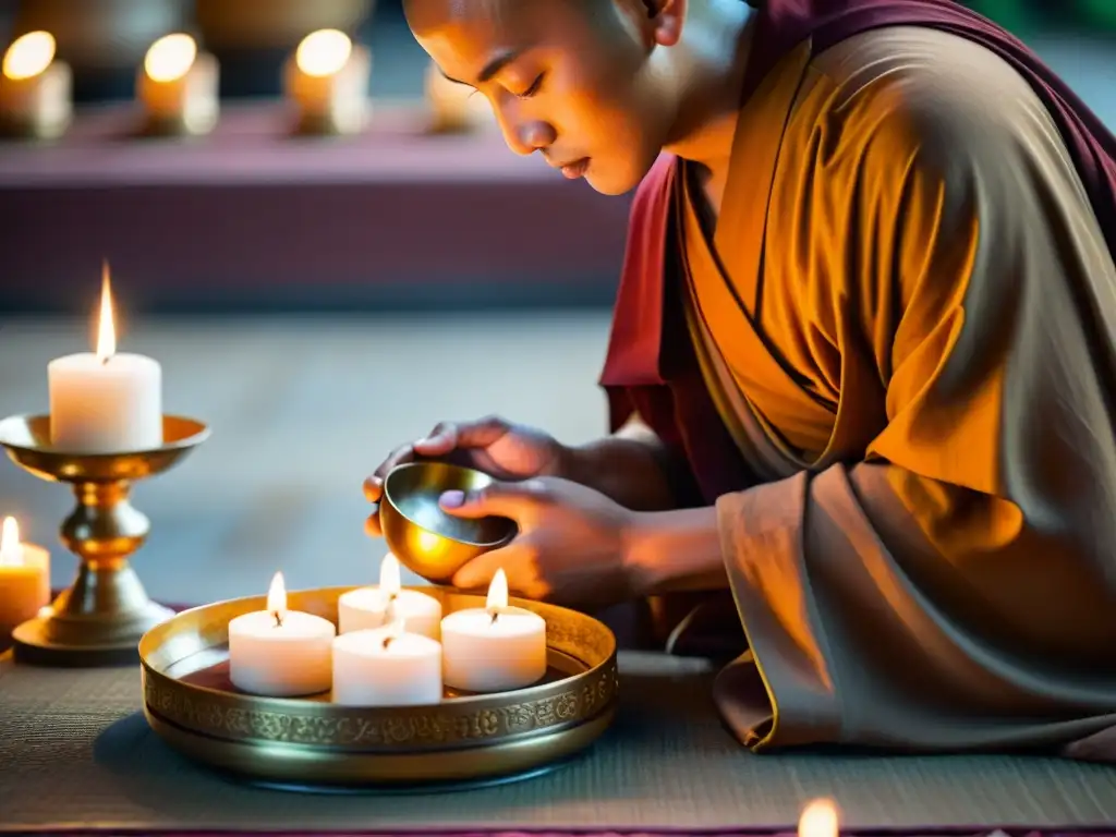 Un monje budista en una ceremonia de ofrenda de alimentos, creando una atmósfera espiritual y tranquila con velas y flores