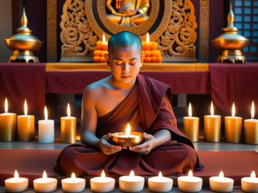 Un monje budista medita frente a un altar iluminado por velas de colores