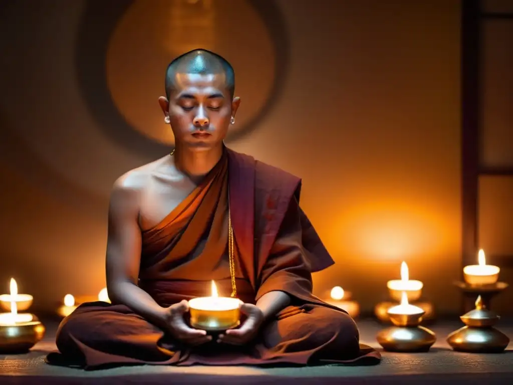 Un monje budista en meditación, iluminado por velas, serenidad y sabiduría