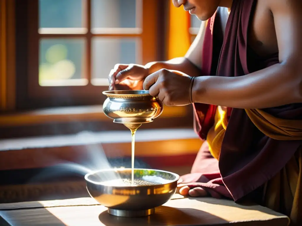 Un monje budista tibetano vierte agua perfumada en un ritual de purificación