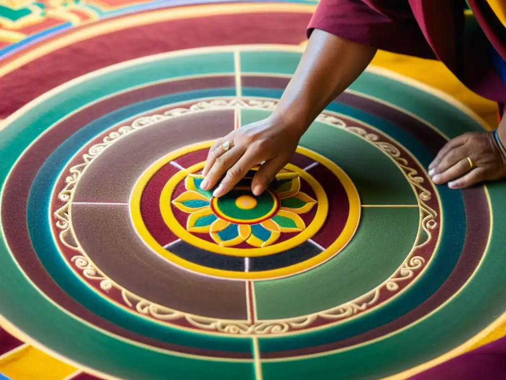 Un monje budista tibetano crea un mandala de arena, reflejando los rituales de iniciación del Budismo Tibetano con precisión y devoción