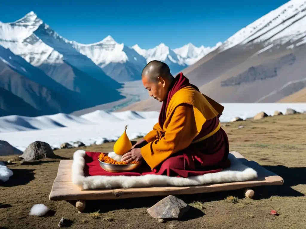 Un monje budista tibetano realiza un ritual de cielo en los Himalayas