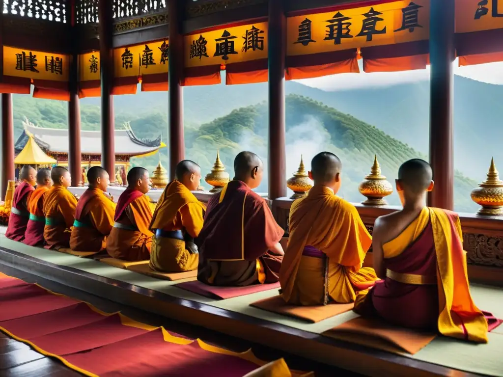 Monjes budistas realizan una ceremonia de nacimiento en un templo magnífico en Bután, con detalles arquitectónicos y vestimenta impresionante