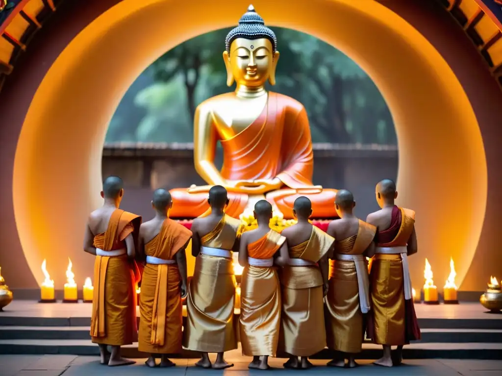 Monjes budistas en el Festival Wesak, realizando rituales alrededor de una estatua dorada del Buda, iluminados por la luz de las velas