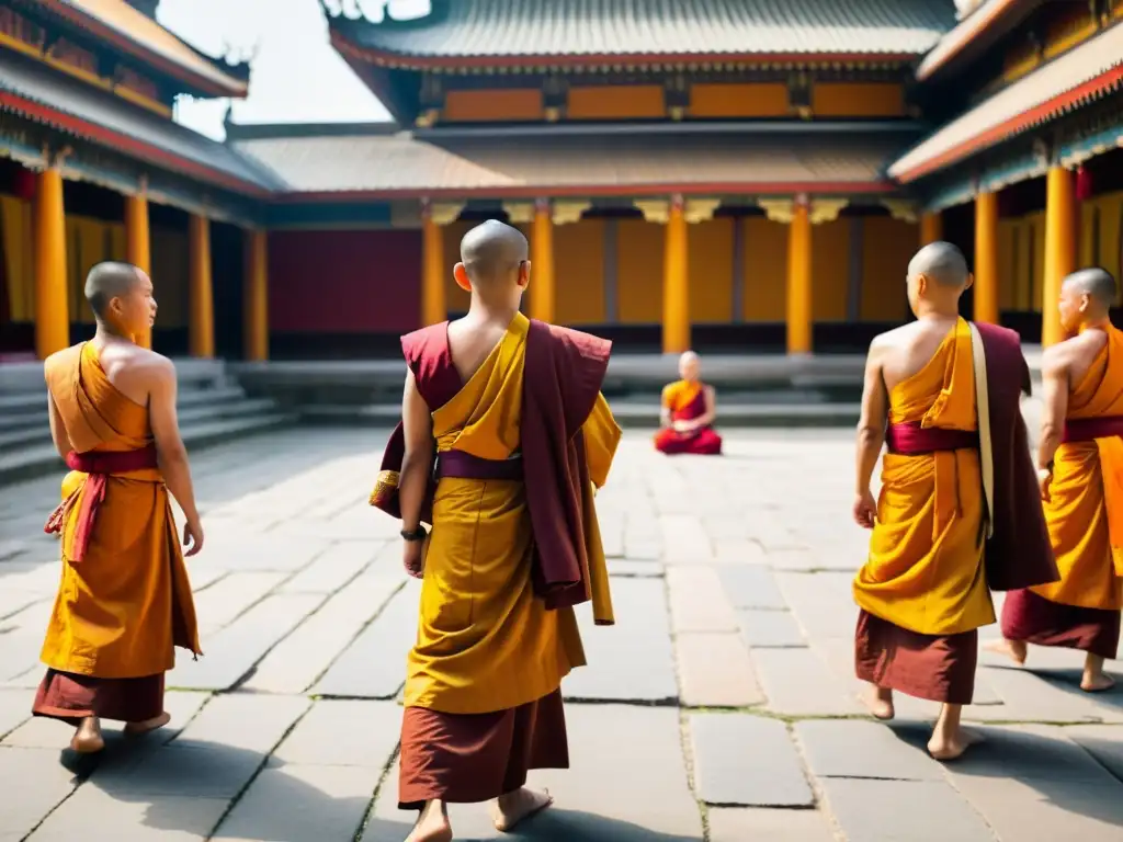 Monjes budistas realizan rituales de graduación espiritual en un templo antiguo, creando una atmósfera serena y profunda