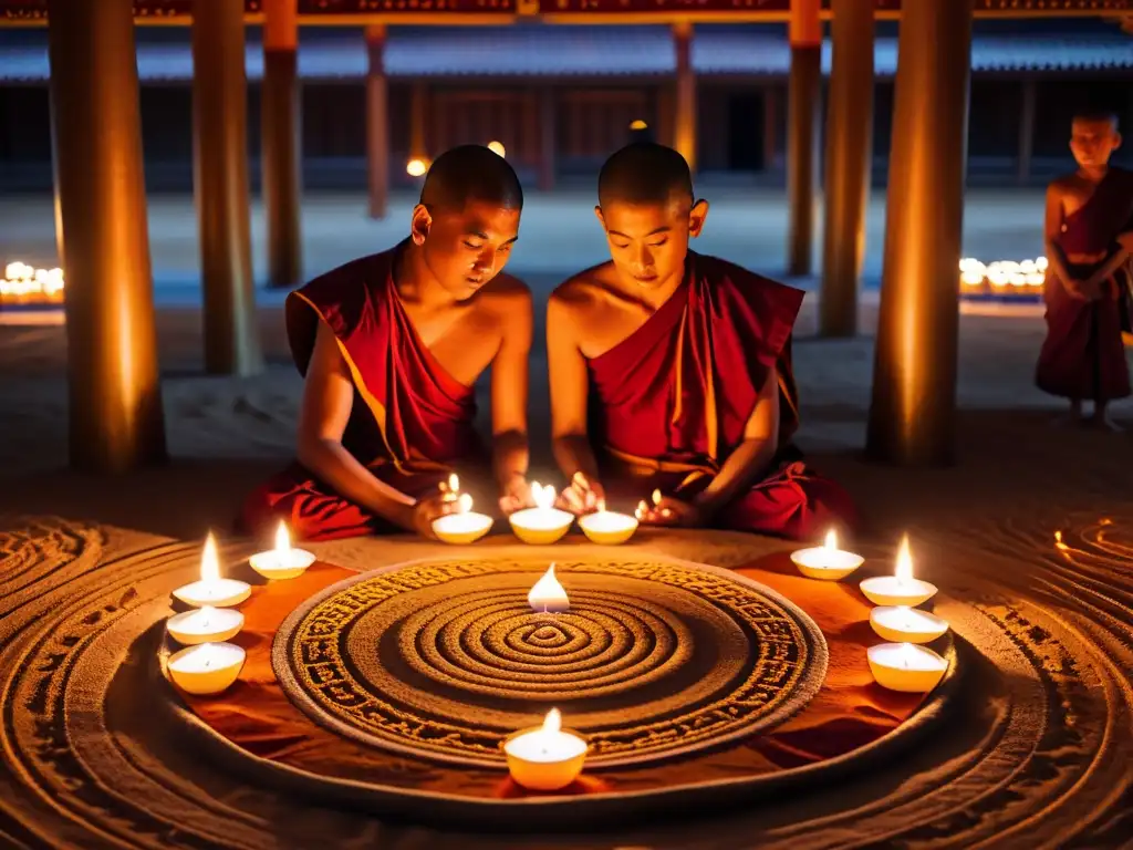 Monjes budistas realizando rituales para la iluminación en un templo sereno, con mandalas de arena y velas encendidas