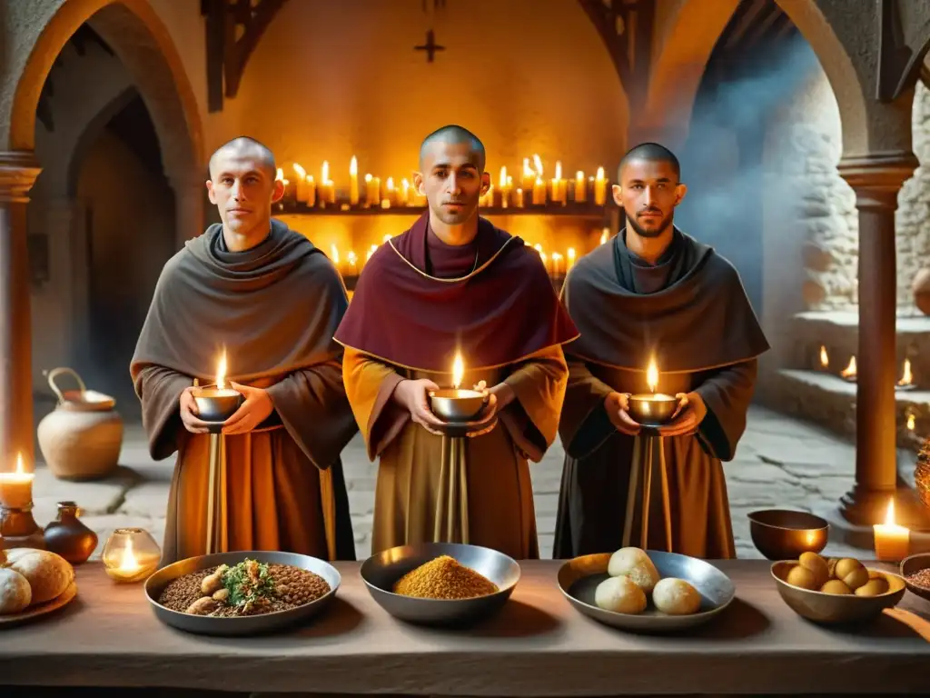 Monjes preparando un festín tradicional en un monasterio medieval, destacando los rituales gastronómicos sagrados del mundo