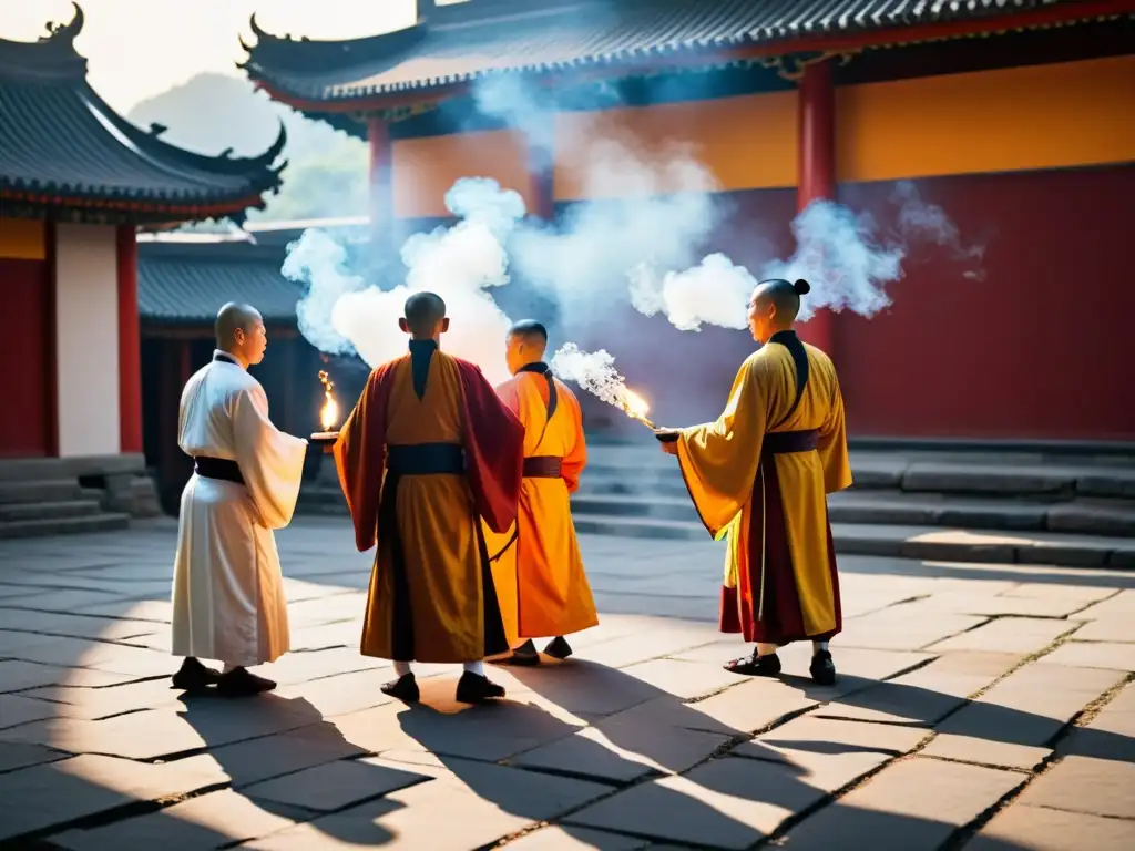 Monjes taoístas realizan rituales diarios para armonía en un tranquilo templo al atardecer, con una atmósfera serena y reverente