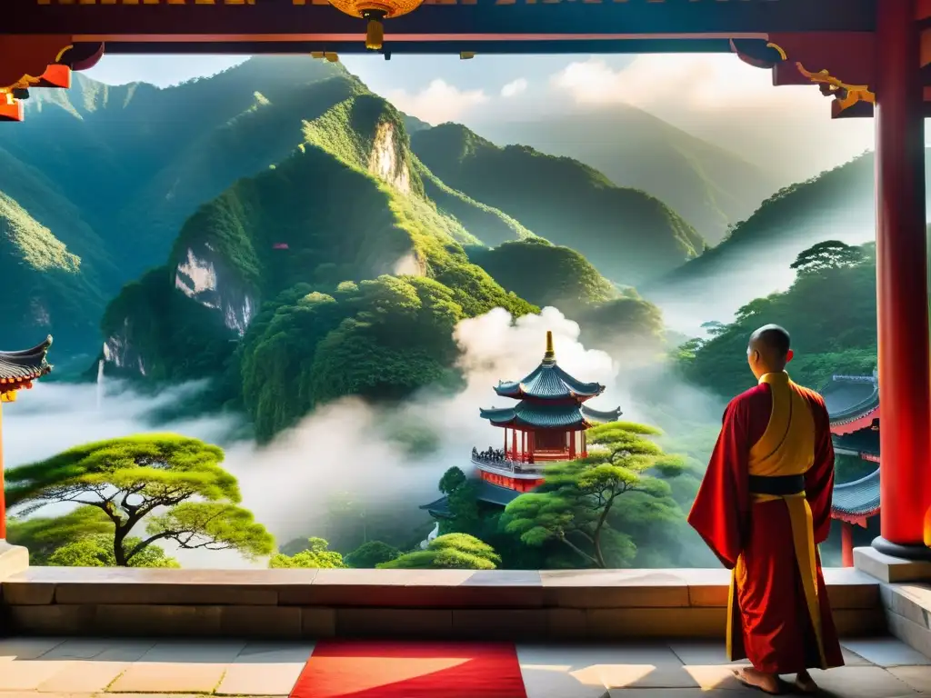 Monjes taoístas realizando rituales diarios para armonía en un templo sereno entre montañas verdes