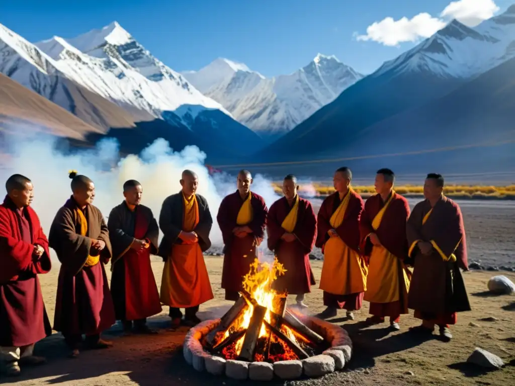 Monjes tibetanos y aldeanos realizan rituales de Año Nuevo Tibetano alrededor de una hoguera, entre montañas nevadas