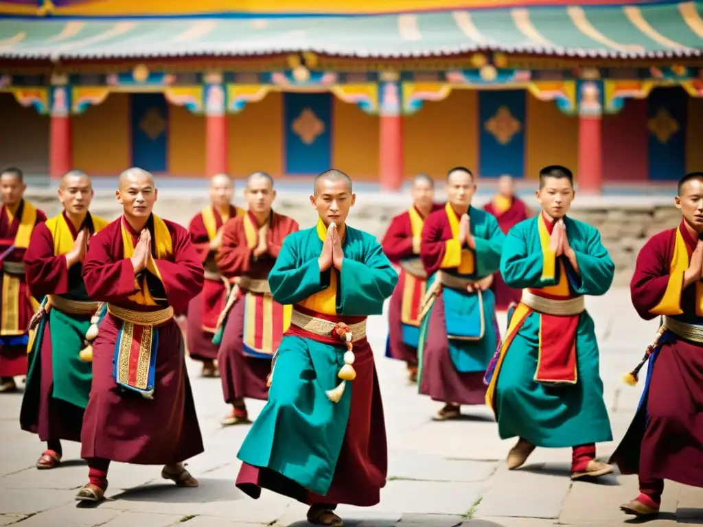 Monjes tibetanos danzando en celebración de Losar, con vibrantes trajes y máscaras