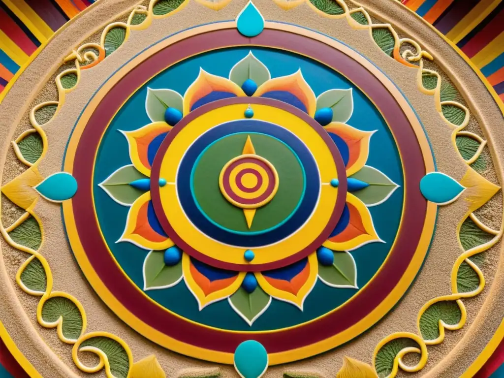 Monjes tibetanos crean un mandala de arena colorida en un ritual sagrado, generando una atmósfera de reverencia y tranquilidad