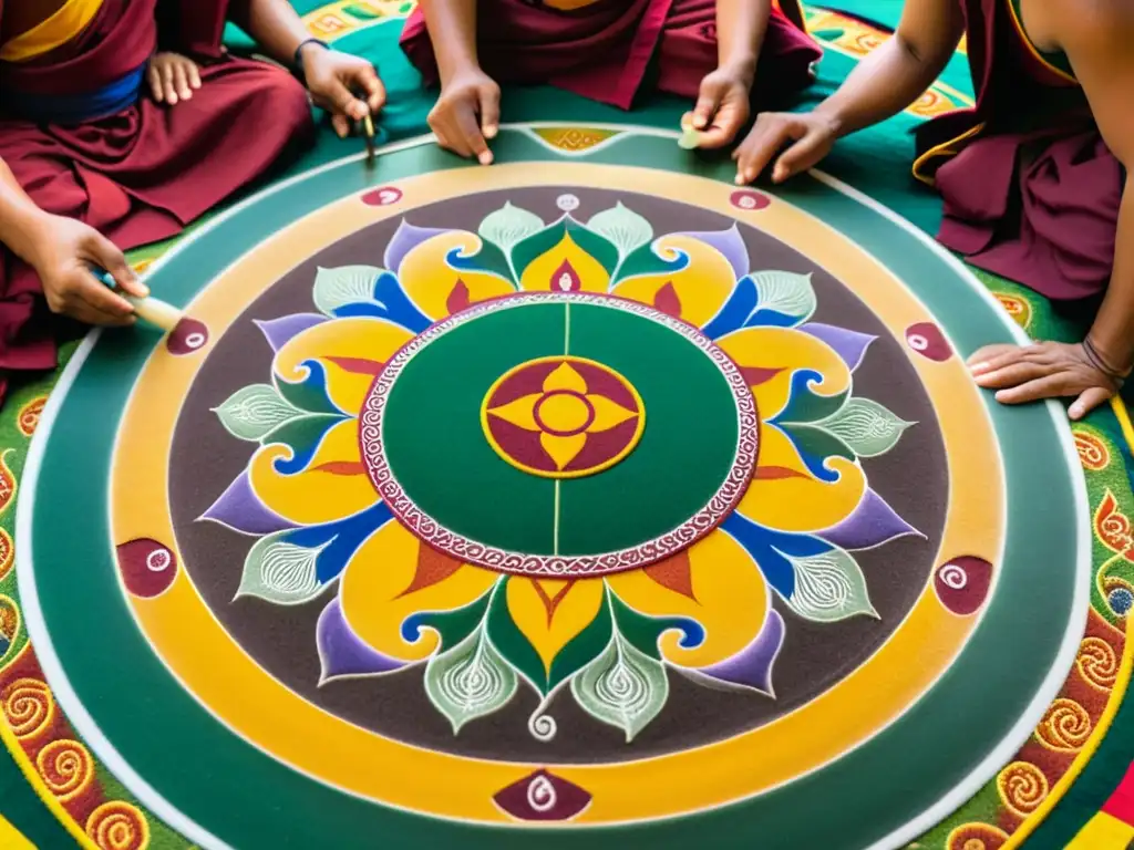 Monjes tibetanos crean un mandala de arena, con colores vibrantes y patrones detallados, en un ritual de mindfulness para sanación