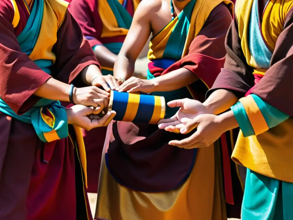 Monjes tibetanos en vibrante ritual, conexión cósmica y espiritual en templo sagrado