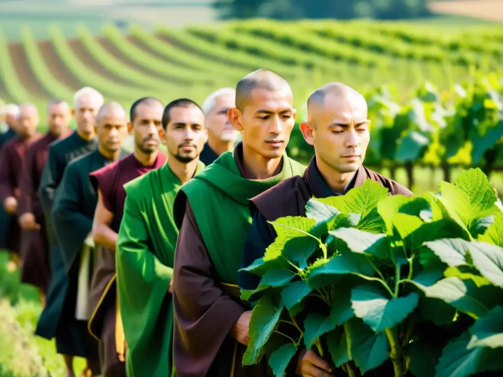 Monjes cuidando viñedos en la región de Champagne, transmitiendo el significado brindis champagne celebraciones con dedicación ancestral