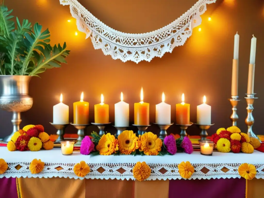 Montaje de mesa de ofrenda en el hogar con flores, velas y elementos tradicionales, evocando reverencia y tranquilidad