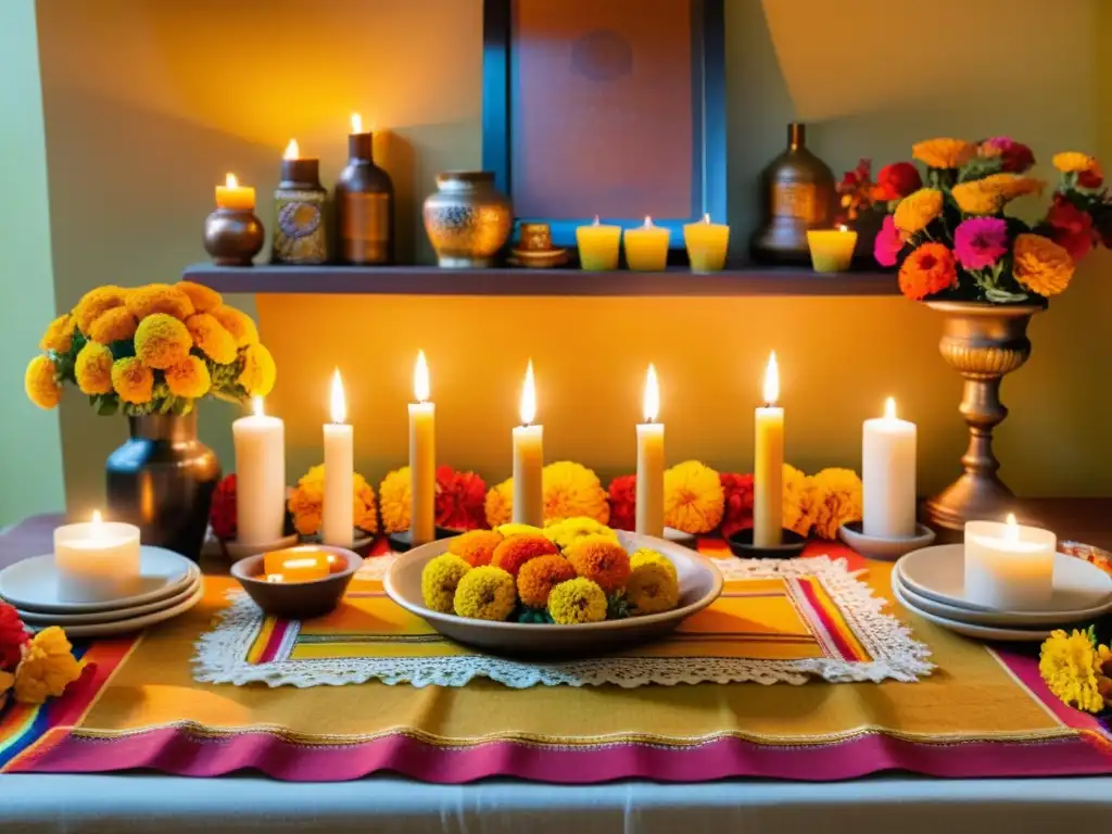 Montaje de mesa de ofrenda en hogar, con flores, velas y decoraciones tradicionales, creando una atmósfera reverente y acogedora