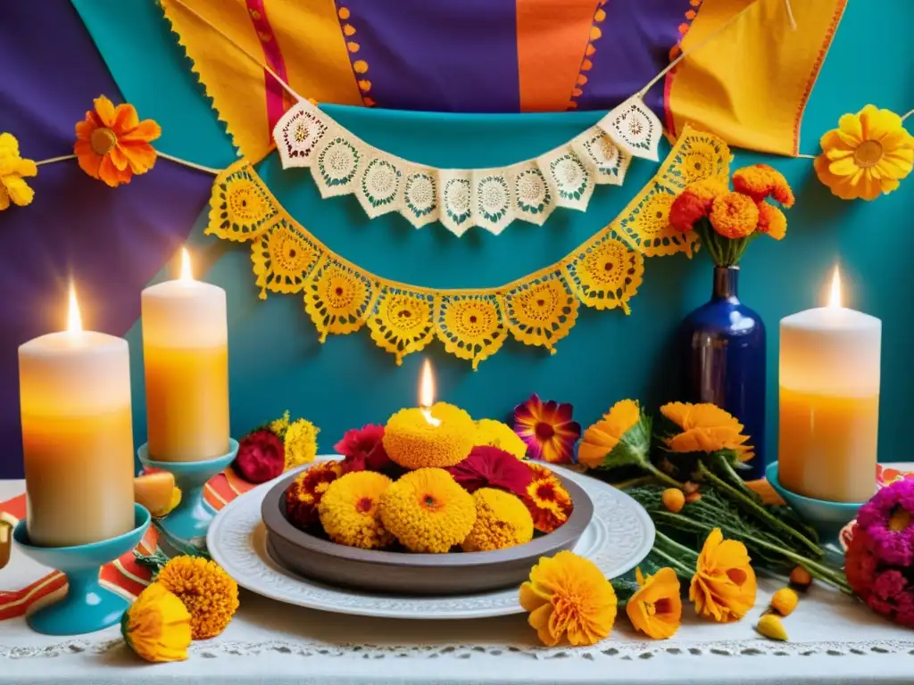 Un montaje de mesa de ofrenda en el hogar, con vibrantes flores de cempasúchil, velas encendidas y ofrendas simbólicas, iluminado con calidez y reverencia