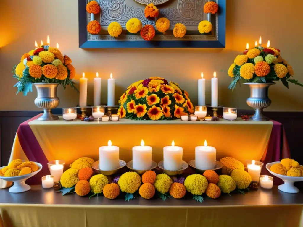 Montaje de mesas de ofrenda en el hogar con flores de cempasúchil, velas y alimentos tradicionales, reflejando la esencia del Día de Muertos