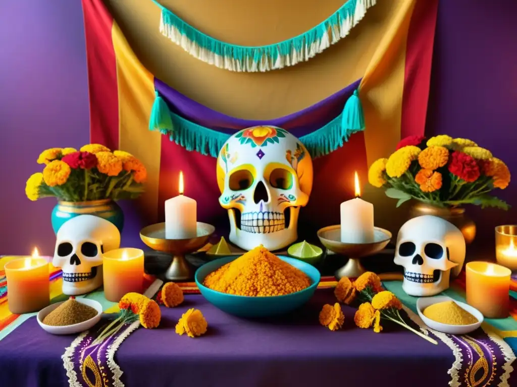 Montaje de mesas ofrenda hogar con flores, velas, calaveras de azúcar y ofrendas de comida, rodeado de humo de incienso y coloridos textiles mexicanos