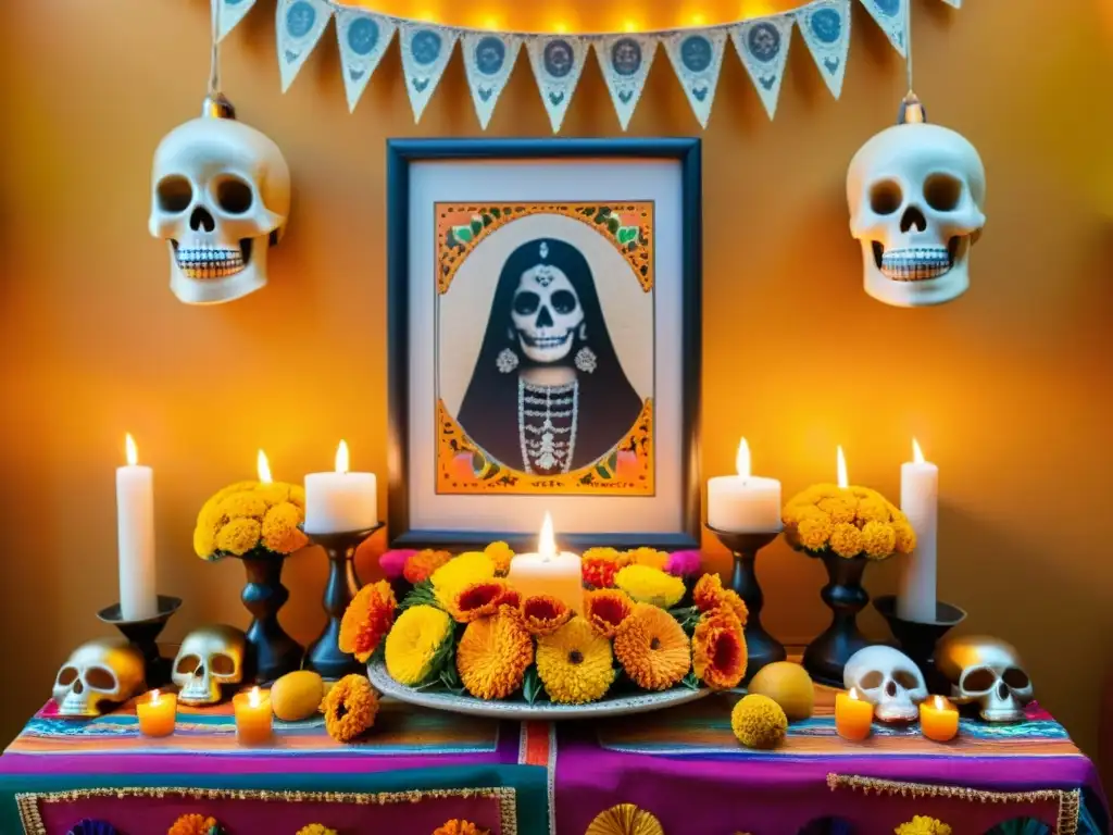 Montaje de mesas de ofrenda en el hogar, con ofrenda tradicional mexicana llena de detalles vibrantes y atmósfera serena