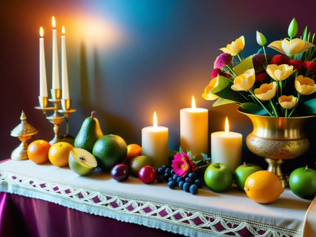 Un montaje de mesas de ofrenda en el hogar, con una diversidad cultural de objetos simbólicos, iluminados por una cálida luz natural