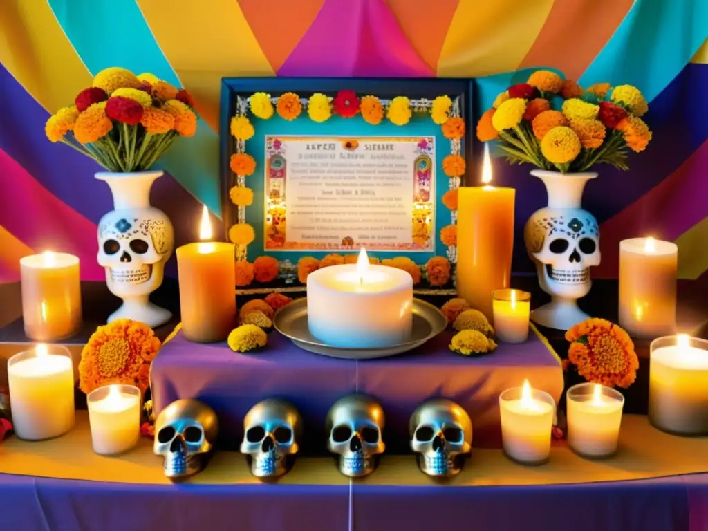 Un montaje de mesas de ofrenda en el hogar, con flores vibrantes, velas y ofrendas tradicionales, crea una atmósfera reverente y colorida