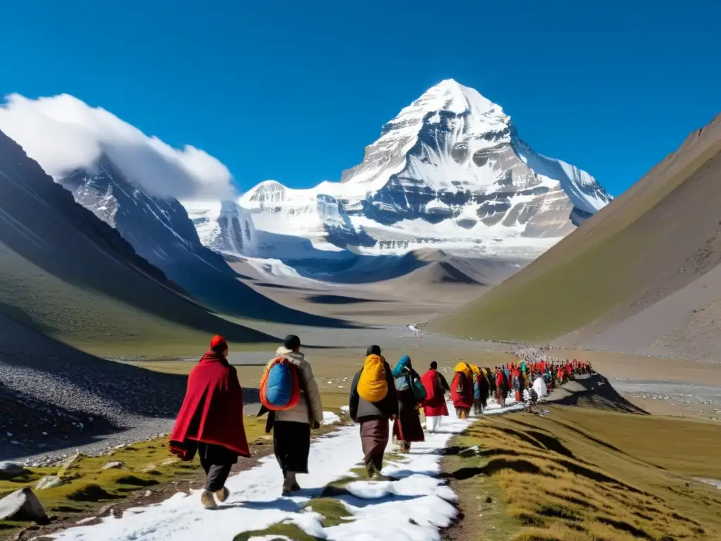 Peregrinación al Monte Kailash, Tíbet: devotos caminan con majestuosas montañas nevadas y banderas de oración al viento